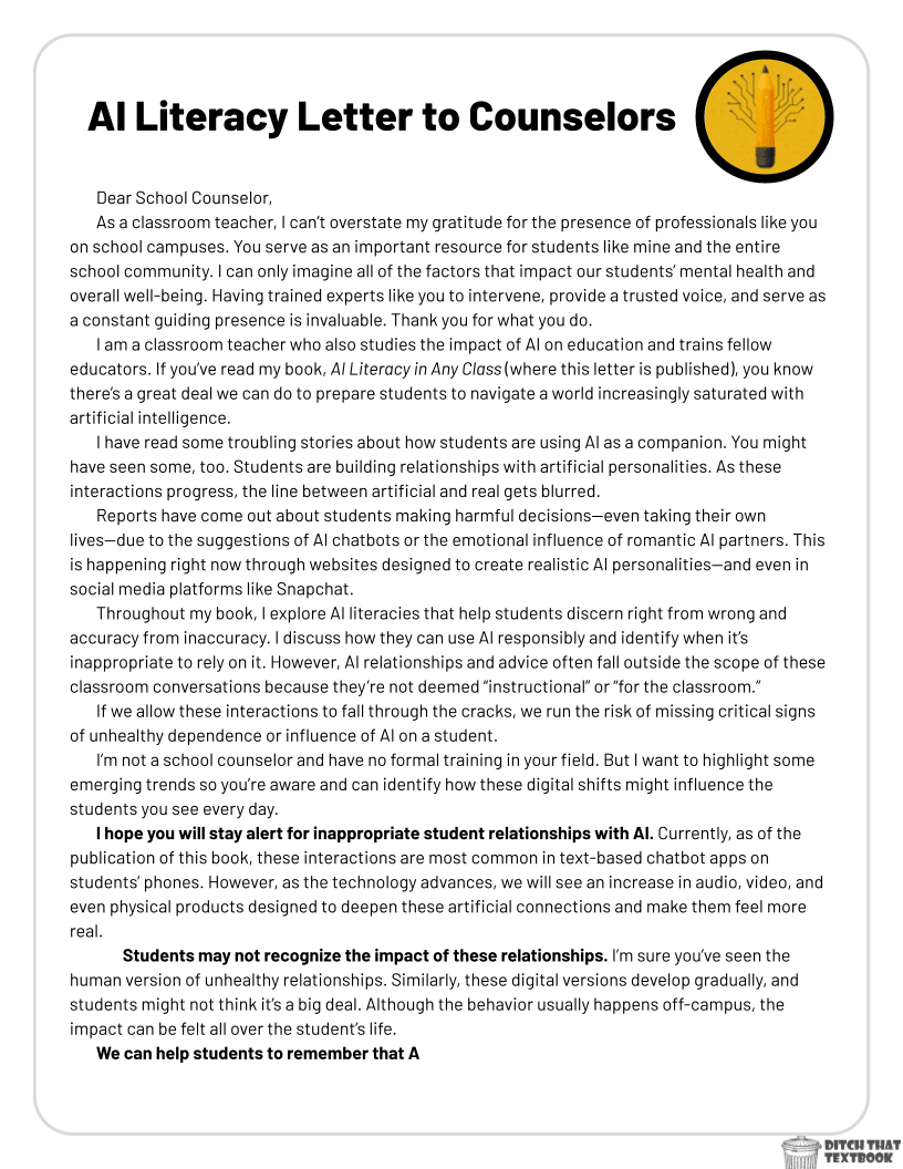 AI Literacy Letter to Counselors