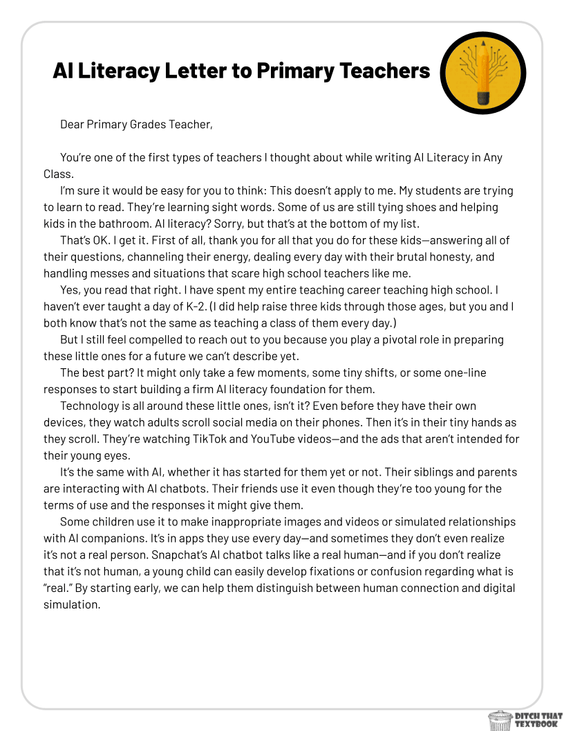 AI Literacy Letters to Primary Grades Teachers