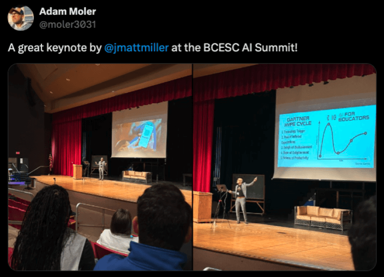 tomorrow glasses keynote testimonial 1 Social media post about Matt Miller's Tomorrow Glasses keynote spech with pictures on stage: A great keynote by Matt Miller at the BCESC AI Summit!